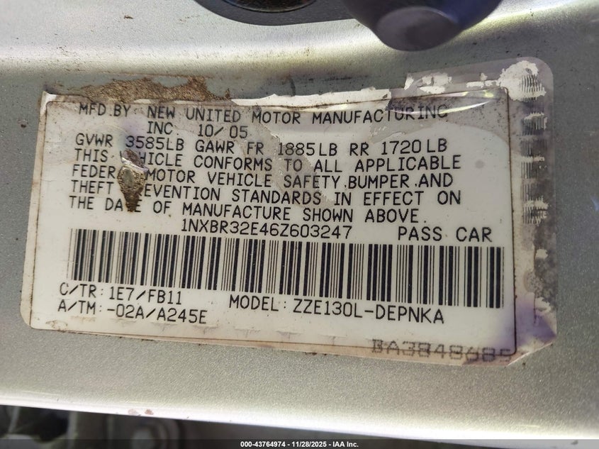 2006 Toyota Corolla Le VIN: 1NXBR32E46Z603247 Lot: 43764974