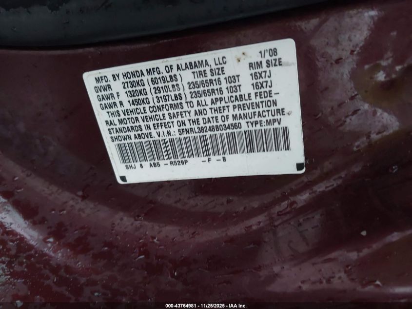 2008 Honda Odyssey Lx VIN: 5FNRL38248B034560 Lot: 43764981