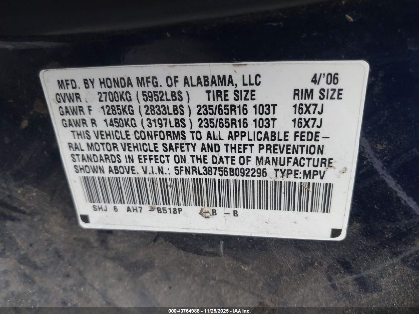 2006 Honda Odyssey Ex-L VIN: 5FNRL38756B092296 Lot: 43764988