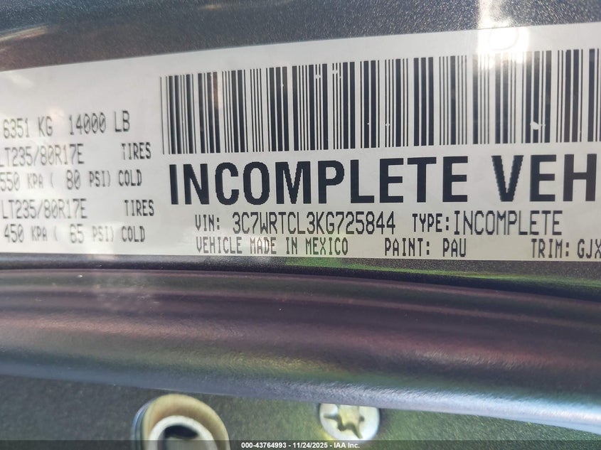2019 Ram 3500 Chassis Tradesman/Slt/Laramie/Limited VIN: 3C7WRTCL3KG725844 Lot: 43764993