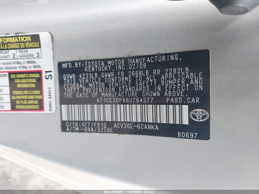 2008 Toyota Camry Solara Se VIN: 4T1CE30P88U764577 Lot: 43764997
