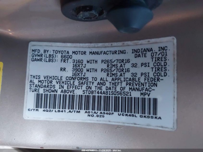 2001 Toyota Sequoia Sr5 V8 VIN: 5TDBT44A81S056521 Lot: 43765011