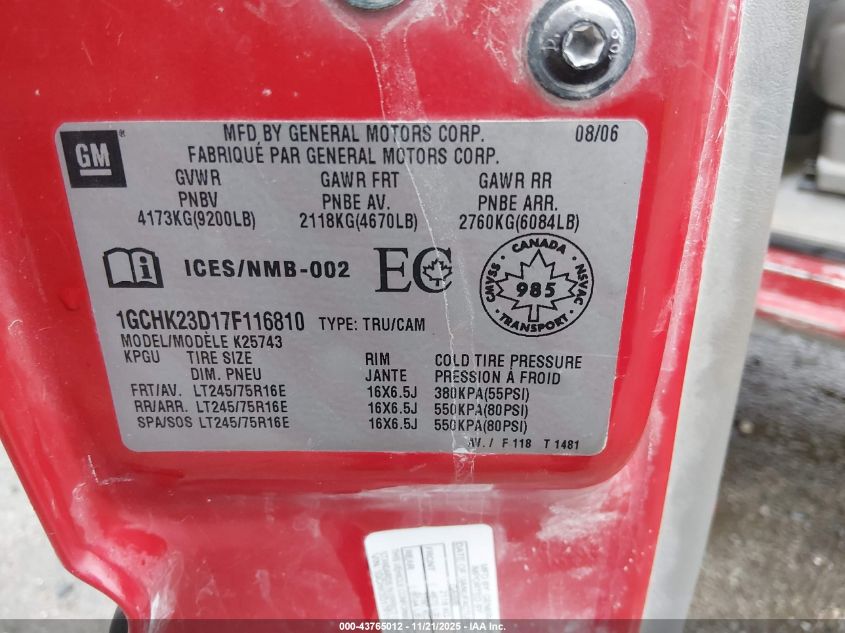 2007 Chevrolet Silverado 2500Hd Classic Ls/Lt1/Lt2/Lt3/Work Truck VIN: 1GCHK23D17F116810 Lot: 43765012