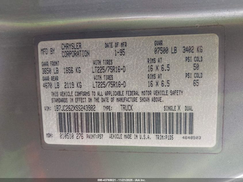 1995 Dodge Ram 2500 VIN: 1B7JC26ZXSS243982 Lot: 43765021