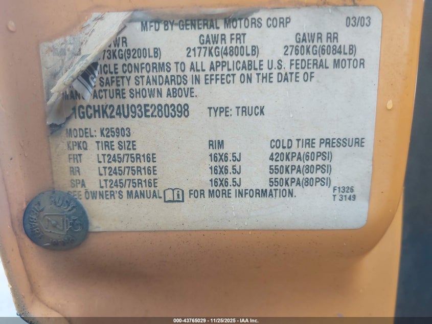 2003 Chevrolet Silverado 2500Hd Work Truck VIN: 1GCHK24U93E280398 Lot: 43765029