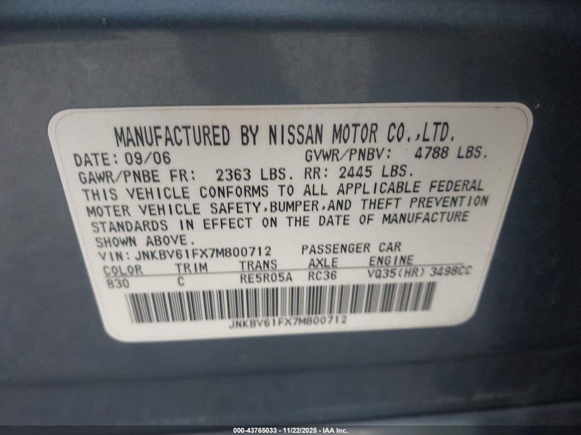 2007 Infiniti G35X VIN: JNKBV61FX7M800712 Lot: 43765033