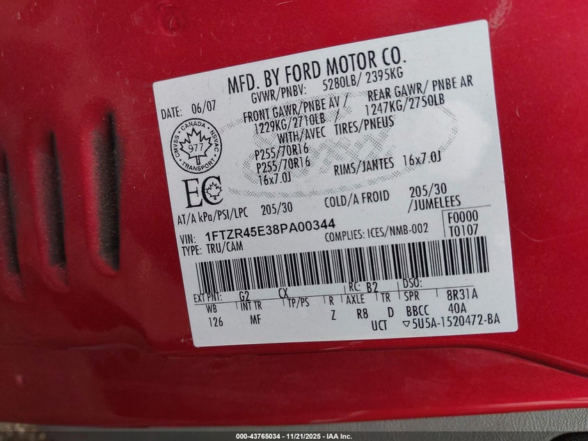 2008 Ford Ranger Fx4 Off-Road/Sport/Xlt VIN: 1FTZR45E38PA00344 Lot: 43765034