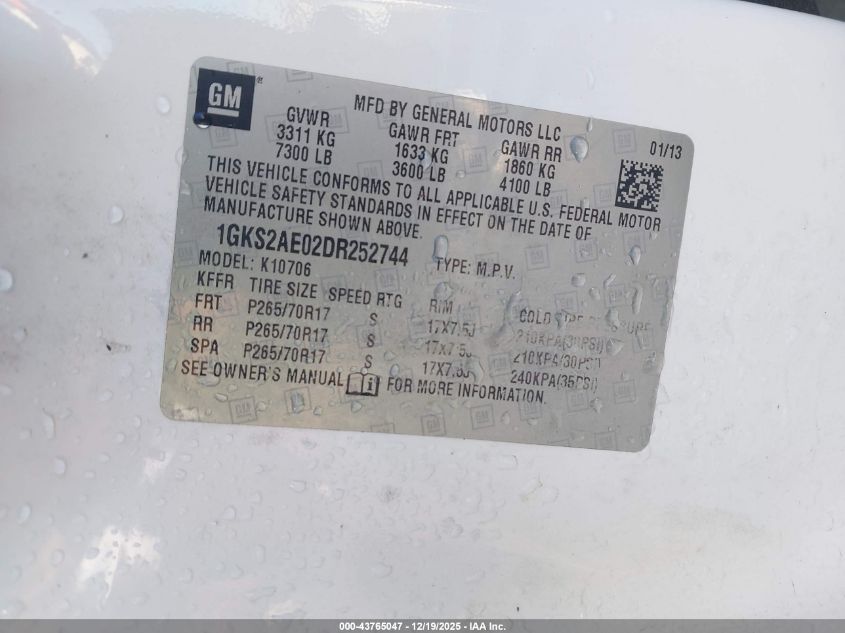 2013 GMC Yukon Sle VIN: 1GKS2AE02DR252744 Lot: 43765047