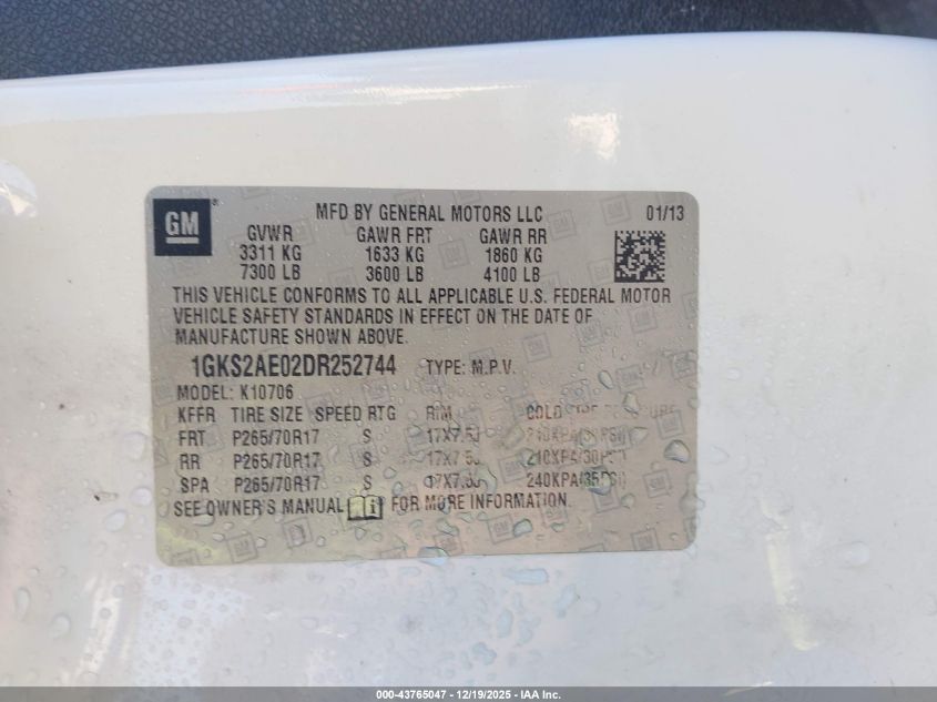 2013 GMC Yukon Sle VIN: 1GKS2AE02DR252744 Lot: 43765047