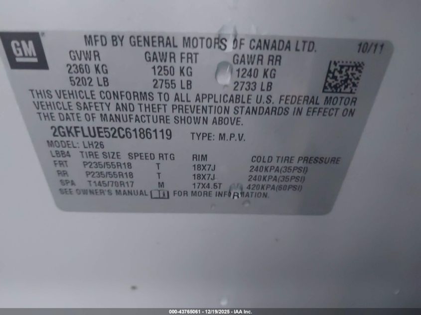 2012 GMC Terrain Slt-1 VIN: 2GKFLUE52C6186119 Lot: 43765061