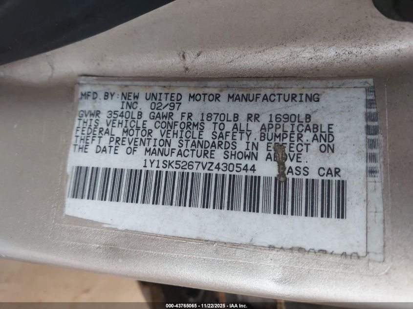 1997 Geo Prizm Lsi VIN: 1Y1SK5267VZ430544 Lot: 43765065