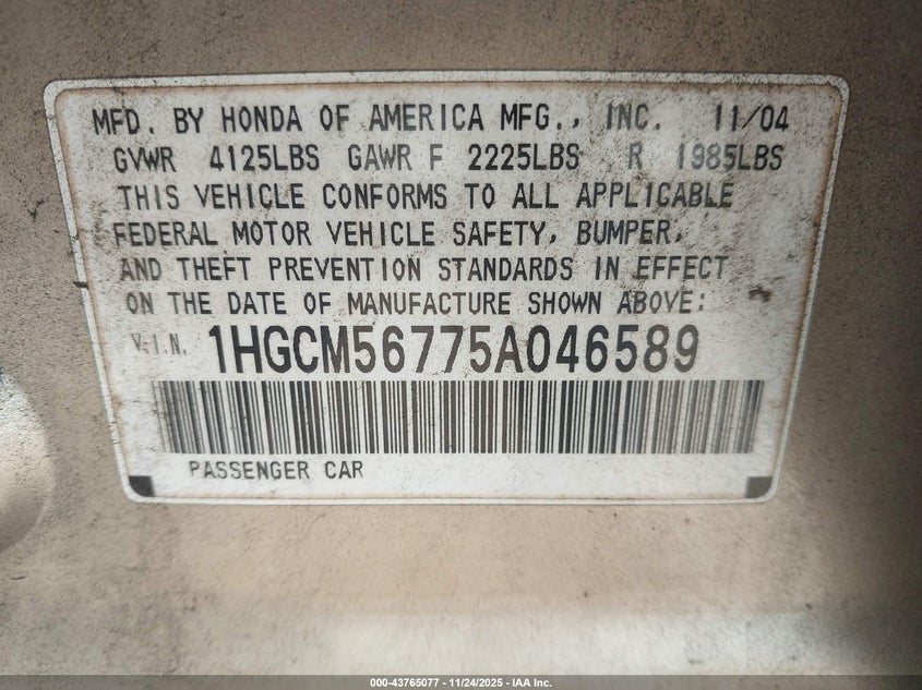 2005 Honda Accord 2.4 Ex VIN: 1HGCM56775A046589 Lot: 43765077