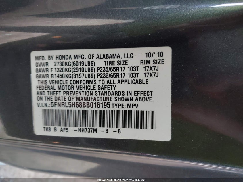 2011 Honda Odyssey Ex-L VIN: 5FNRL5H68BB016195 Lot: 43765083
