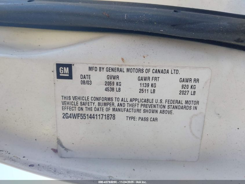 2004 Buick Regal Gs VIN: 2G4WF551441171878 Lot: 43765090