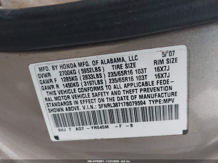 2007 Honda Odyssey Ex-L VIN: 5FNRL38717B079594 Lot: 43765091