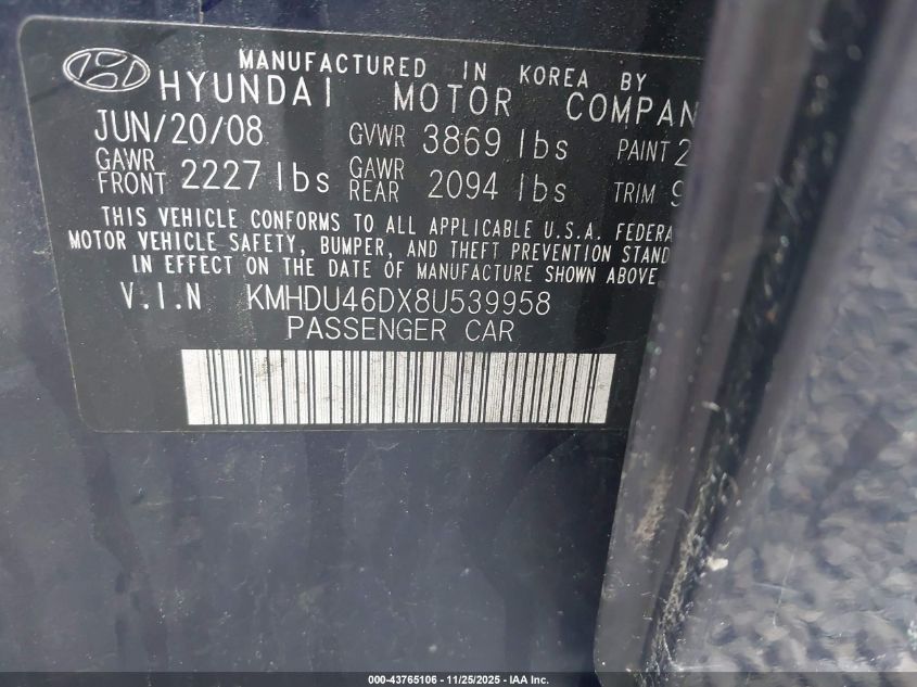 2008 Hyundai Elantra Gls/Se VIN: KMHDU46DX8U539958 Lot: 43765106