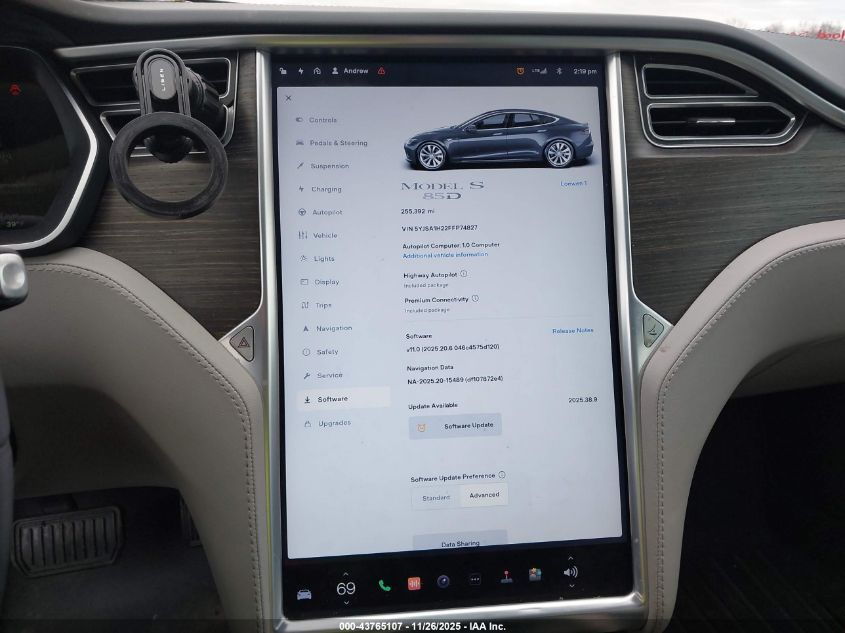 2015 Tesla Model S 70D/85D/P85D VIN: 5YJSA1H22FFP74827 Lot: 43765107