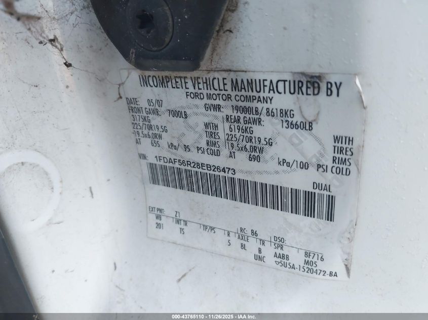 2008 Ford F550 Super Duty VIN: 1FDAF56R28EB26473 Lot: 43765110