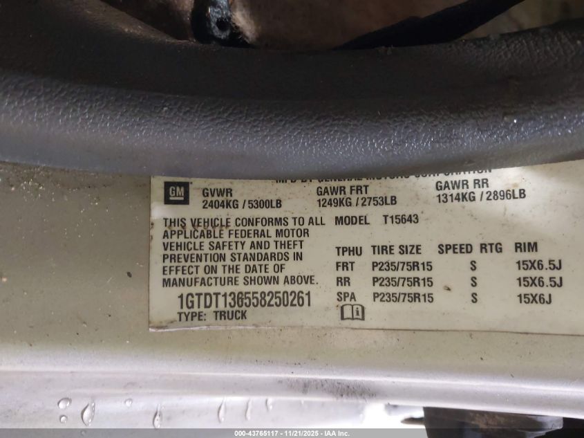 2005 GMC Canyon Sle VIN: 1GTDT136558250261 Lot: 43765117