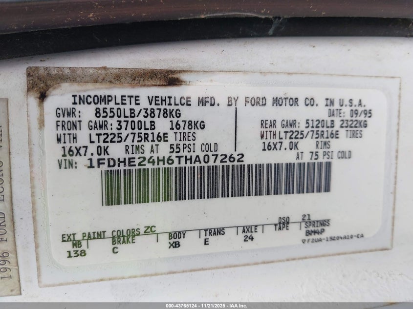 1996 Ford Econoline E250 Van VIN: 1FDHE24H6THA07262 Lot: 43765124