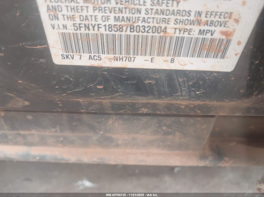 2007 Honda Pilot Ex-L VIN: 5FNYF18587B032004 Lot: 43765125
