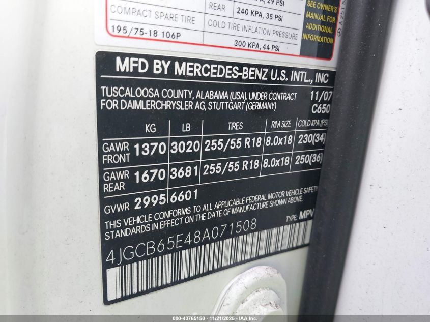 2008 Mercedes-Benz R 350 4Matic VIN: 4JGCB65E48A071508 Lot: 43765150