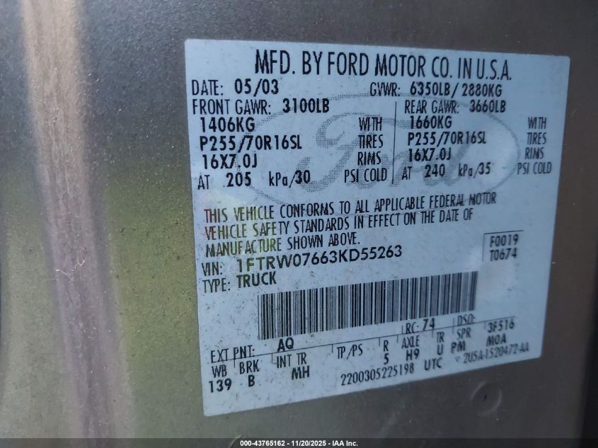 2003 Ford F-150 Lariat/Xlt VIN: 1FTRW07663KD55263 Lot: 43765162