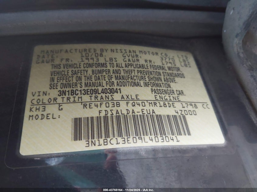 2009 Nissan Versa 1.8S VIN: 3N1BC13E09L403041 Lot: 43765164