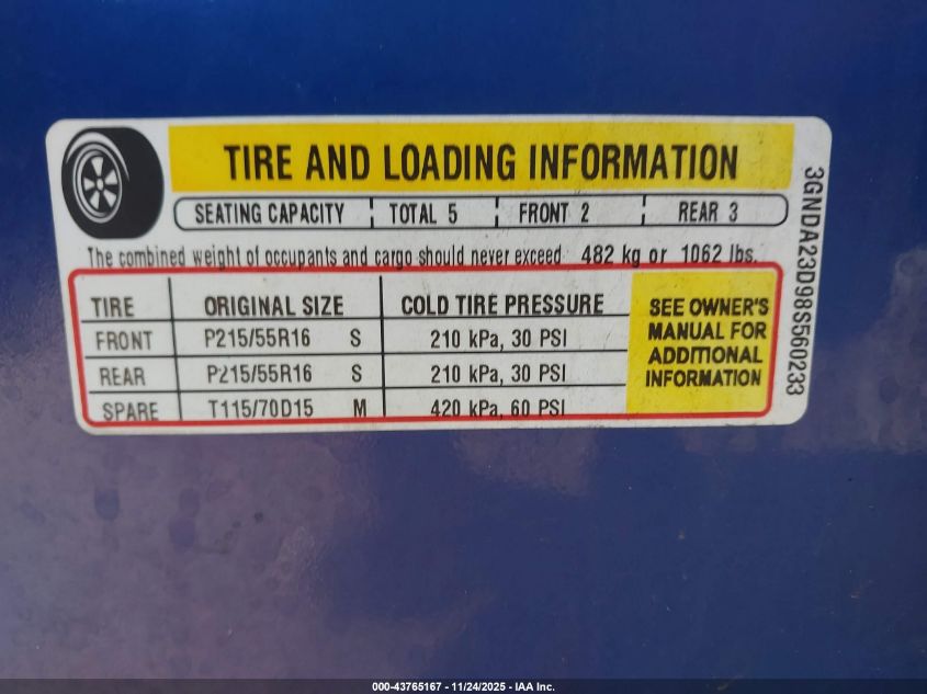 2008 Chevrolet Hhr Lt VIN: 3GNDA23D98S560233 Lot: 43765167