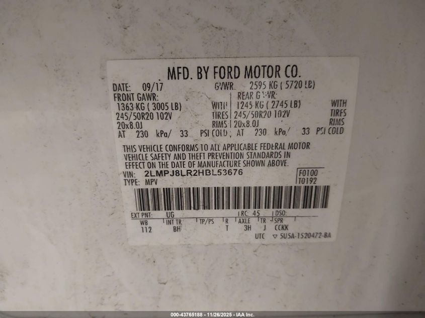 2017 Lincoln Mkx Reserve VIN: 2LMPJ8LR2HBL53676 Lot: 43765188