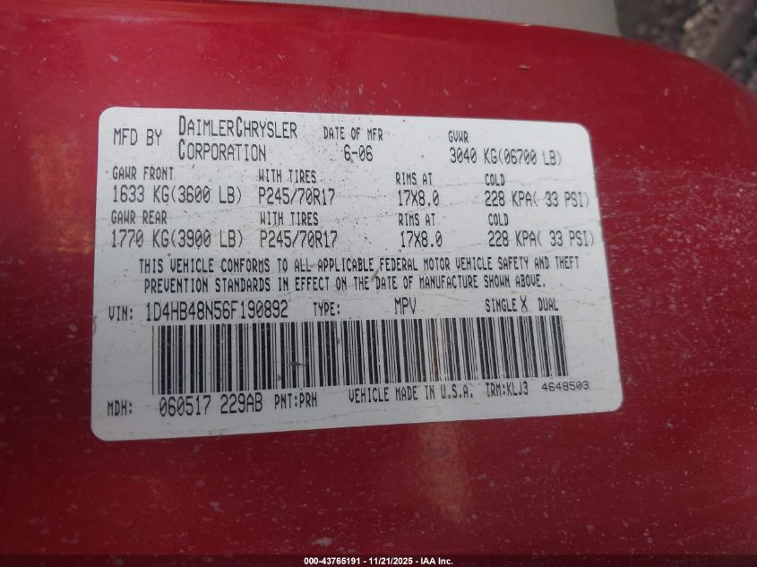 2006 Dodge Durango Slt VIN: 1D4HB48N56F190892 Lot: 43765191