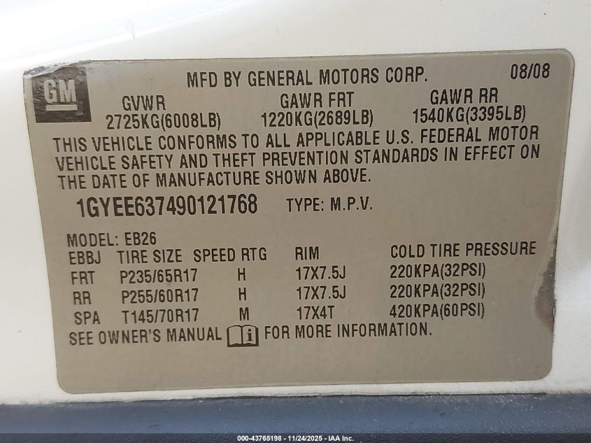 2009 Cadillac Srx V6 VIN: 1GYEE637490121768 Lot: 43765198