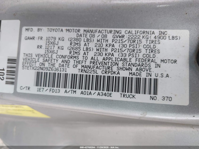 5TETX22N09Z616131 2009 TOYOTA TACOMA photo no. 9