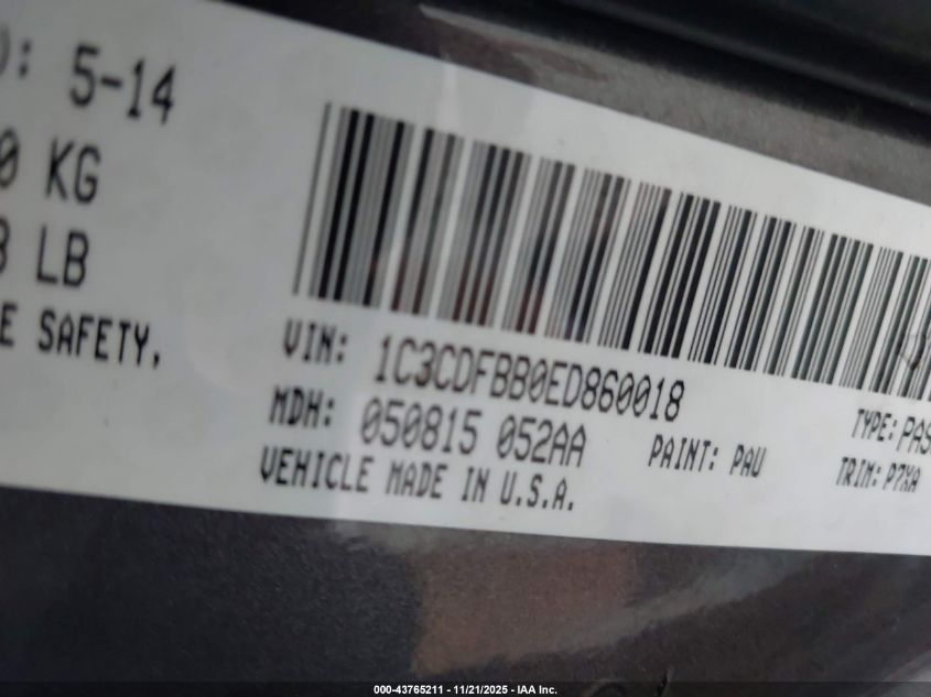 2014 Dodge Dart Sxt VIN: 1C3CDFBB0ED860018 Lot: 43765211