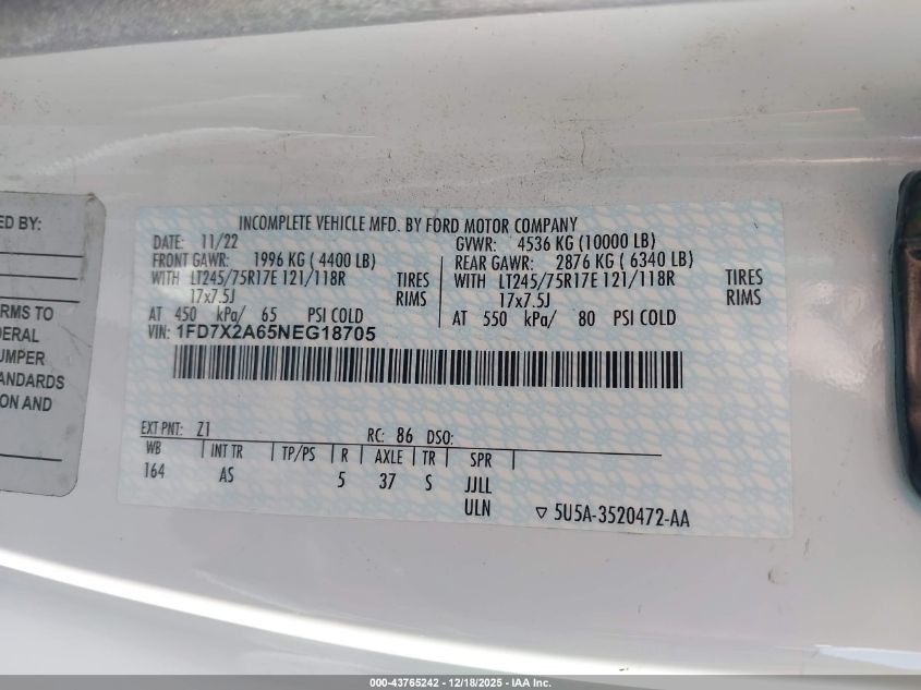 2022 Ford F-250 Xl VIN: 1FD7X2A65NEG18705 Lot: 43765242