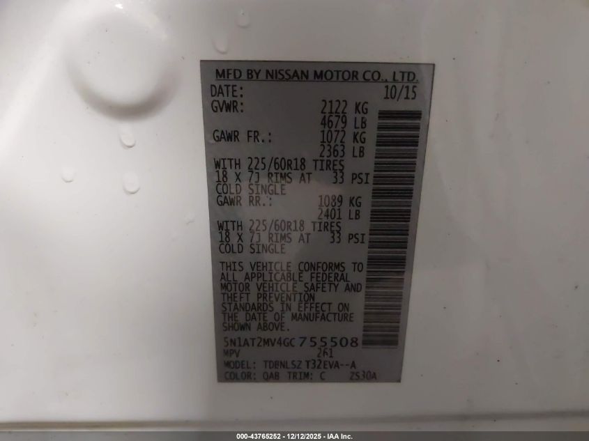 2016 Nissan Rogue Sl VIN: 5N1AT2MV4GC755508 Lot: 43765252