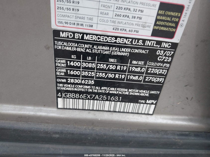 2007 Mercedes-Benz Ml 350 4Matic VIN: 4JGBB86EX7A251631 Lot: 43765259
