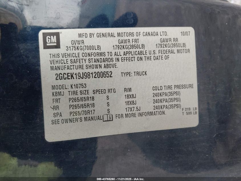 2008 Chevrolet Silverado 1500 Lt1 VIN: 2GCEK19J981200652 Lot: 43765260