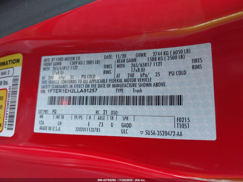 2020 Ford Ranger Xl VIN: 1FTER1EH2LLA91257 Lot: 43765288