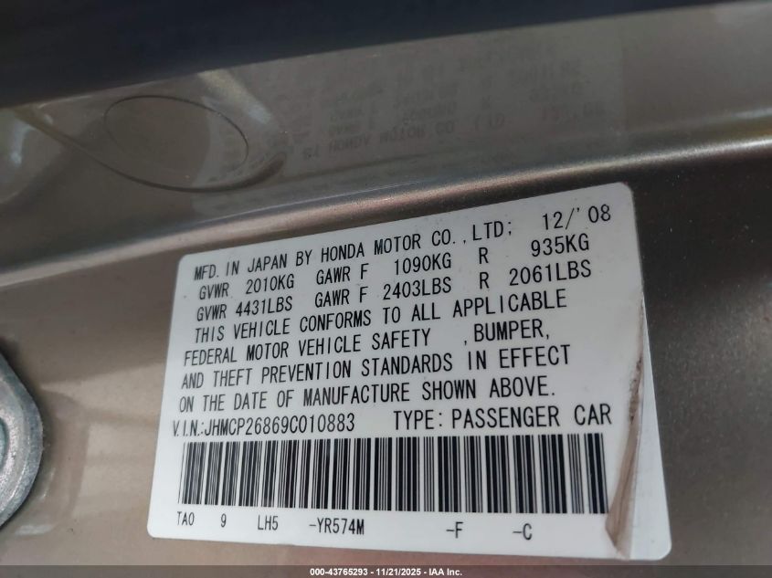2009 Honda Accord 2.4 Ex-L VIN: JHMCP26869C010883 Lot: 43765293