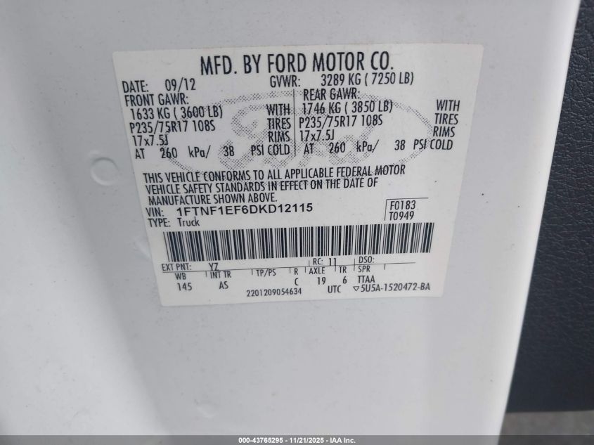 2013 Ford F-150 Xl VIN: 1FTNF1EF6DKD12115 Lot: 43765295