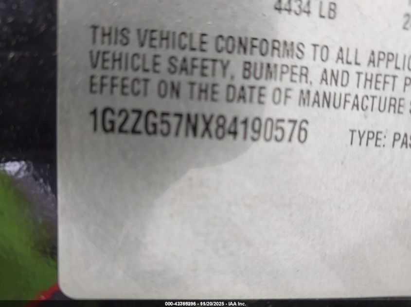 2008 Pontiac G6 VIN: 1G2ZG57NX84190576 Lot: 43765296