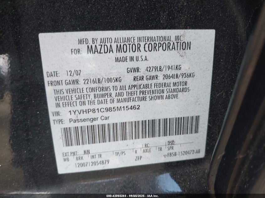 2008 Mazda Mazda6 I Grand Touring VIN: 1YVHP81C985M15462 Lot: 43765311