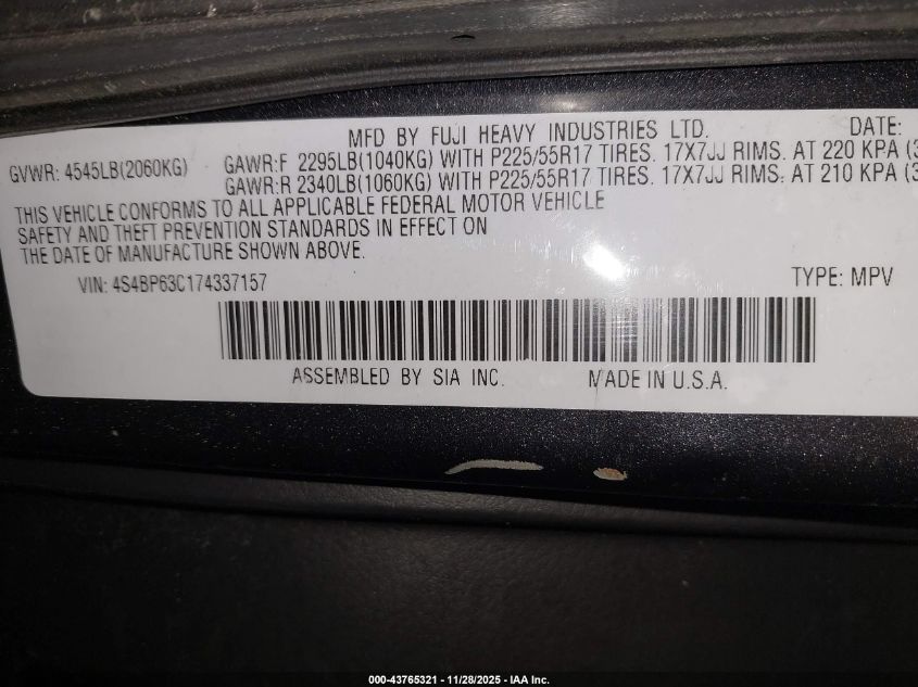 2007 Subaru Outback 2.5Xt Limited VIN: 4S4BP63C174337157 Lot: 43765321