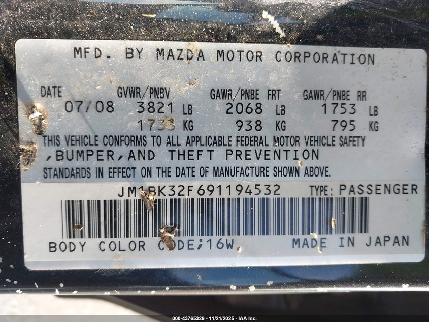 2009 Mazda Mazda3 I VIN: JM1BK32F691194532 Lot: 43765329