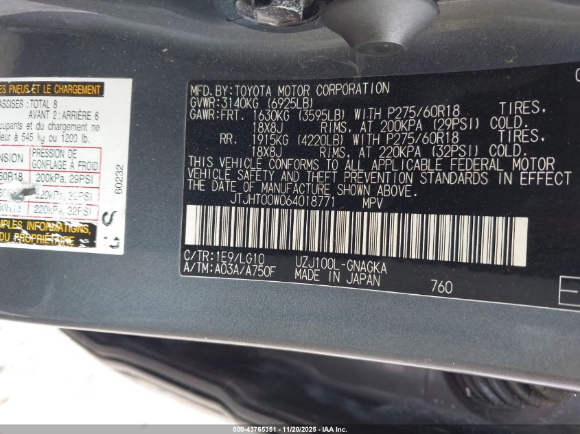 2006 Lexus Lx 470 VIN: JTJHT00W064018771 Lot: 43765351