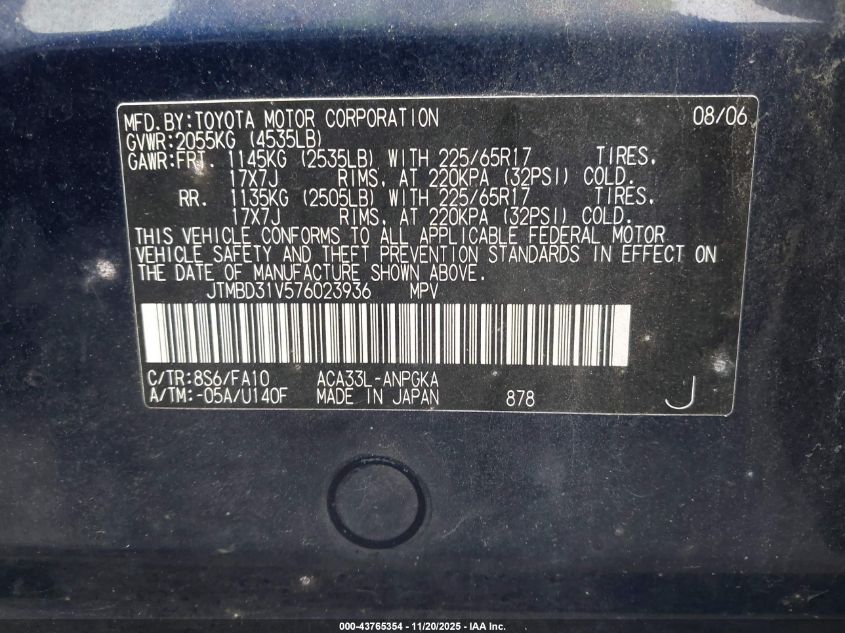 2007 Toyota Rav4 Limited VIN: JTMBD31V576023936 Lot: 43765354