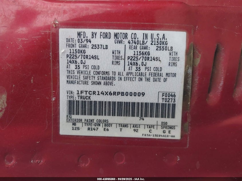 1994 Ford Ranger Super Cab VIN: 1FTCR14X6RPB00009 Lot: 43765363