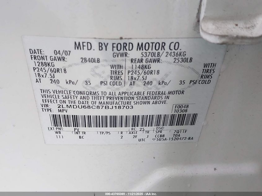 2007 Lincoln Mkx VIN: 2LMDU68C87BJ18703 Lot: 43765369