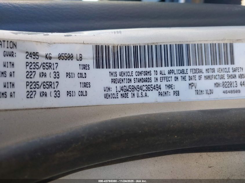 2004 Jeep Grand Cherokee Limited VIN: 1J4GW58N94C365494 Lot: 42782822